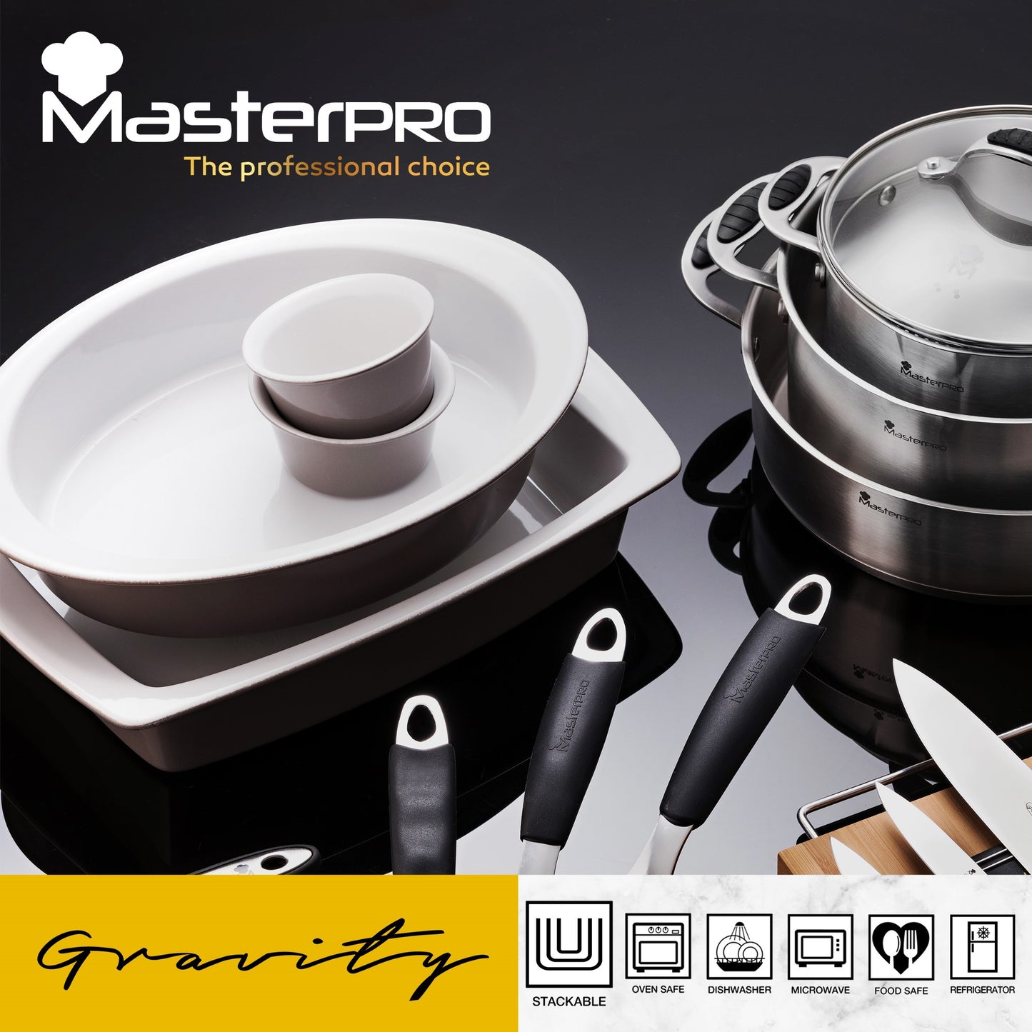 Bateria De Cocina 7 Piezas De Acero Vitrificado Apta Para Induccion Magefesa Con Fuente Oval 36cm En Gres Masterpro Gravity