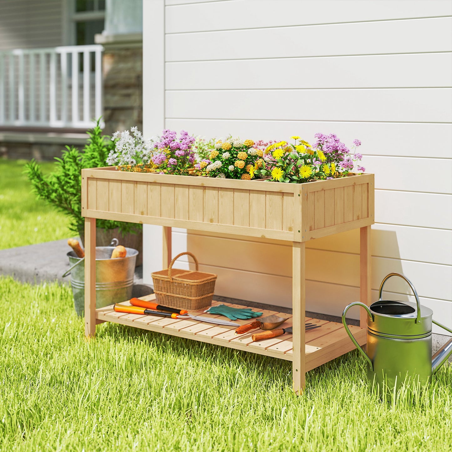 Outsunny Huerto Urbano Elevada De Madera Con Estante 110x46x76 Cm Natural_1