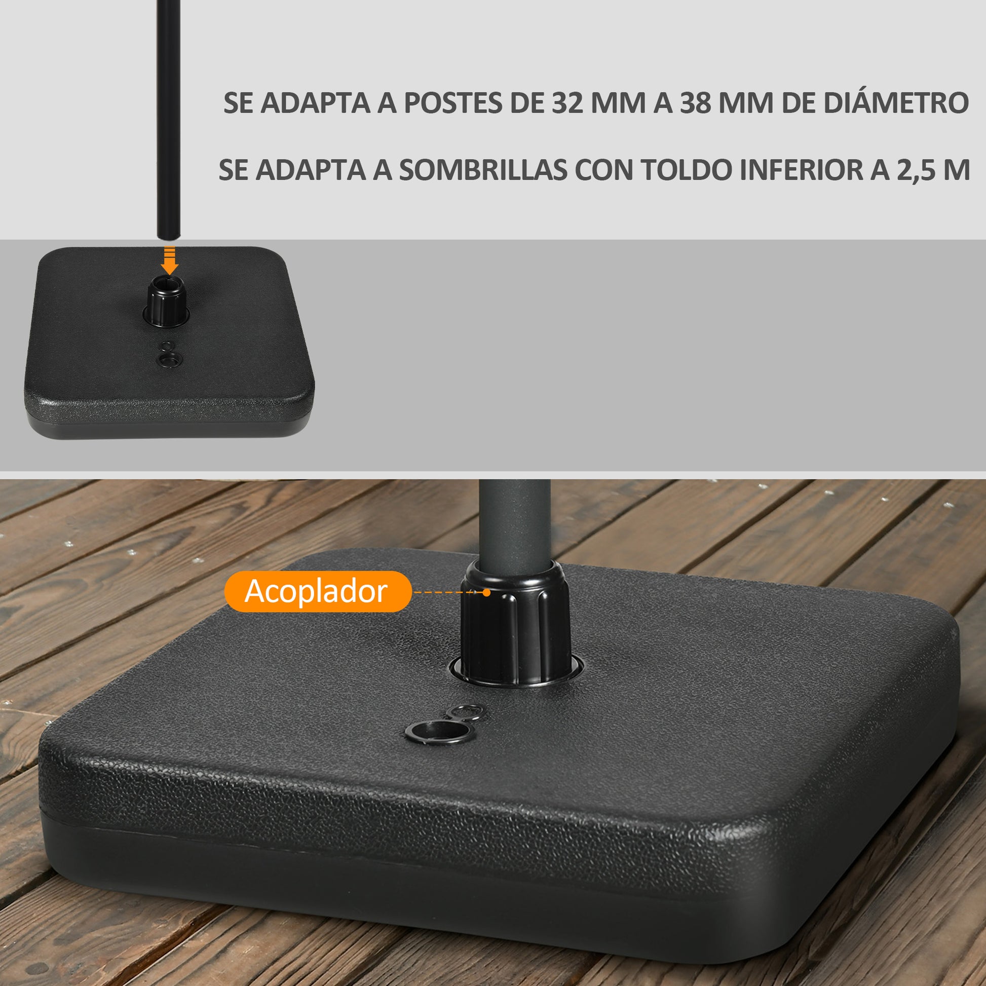 Outsunny Base De Sombrilla Cuadrado Mástil Hasta Ø32-38 Mm 38x38x12 Cm Negro_5