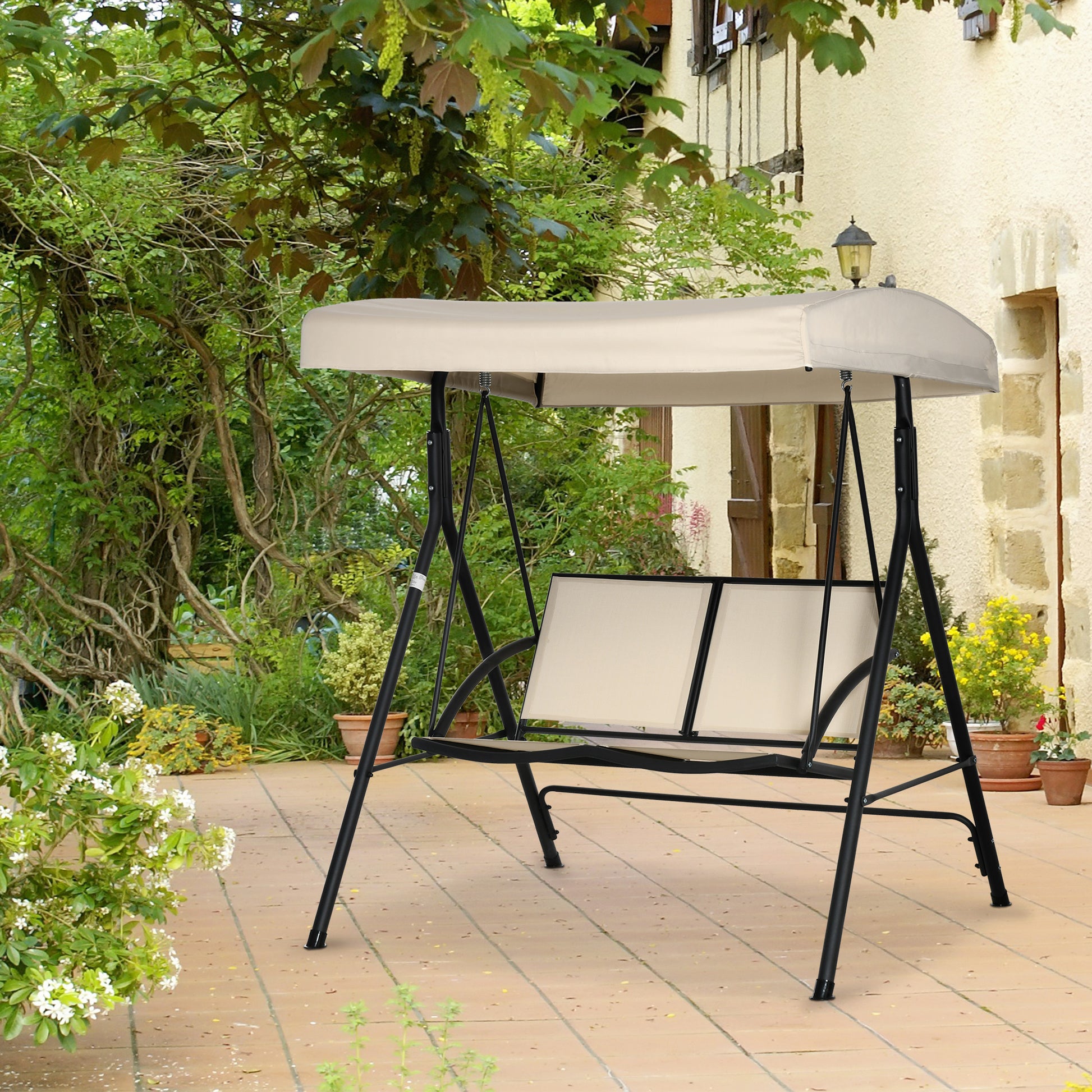 Outsunny Columpio De Jardín De 2 Plazas Techo Ajustable Asientos Textilene Beige_1