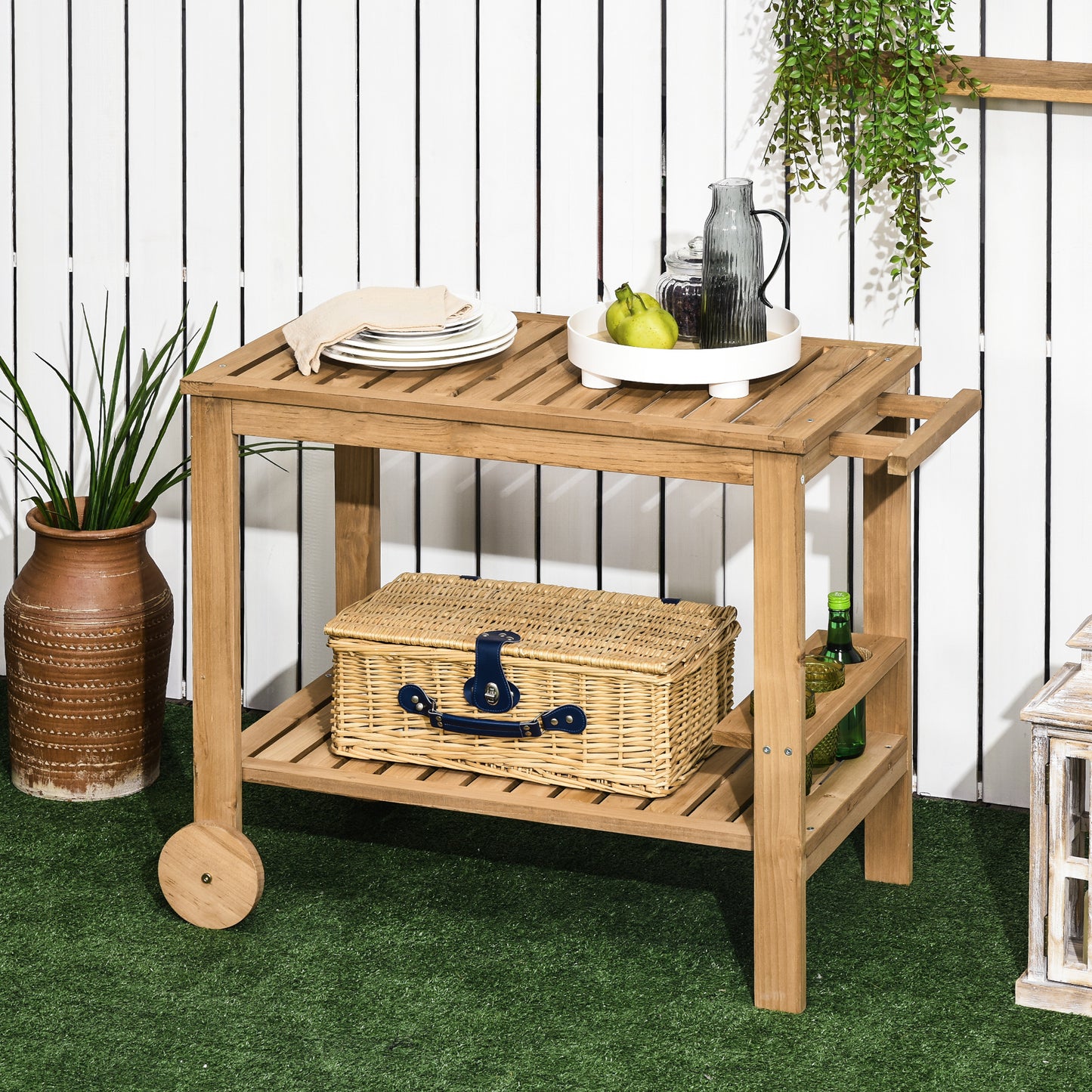 Outsunny Carrito De Madera De Bar Con Asa 3 Portabotellas Y 2 Ruedas 95x47x74 Cm_1