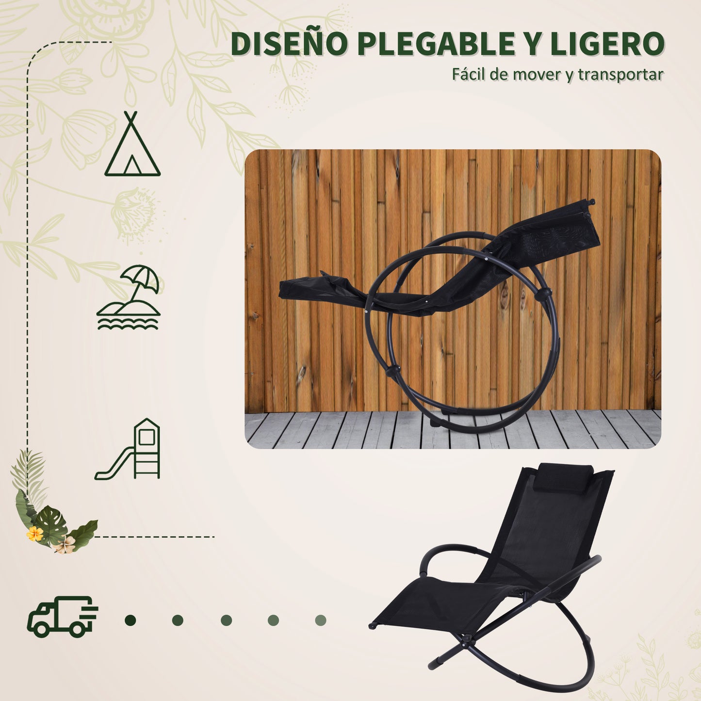 Outsunny Tumbona Mecedora De Jardín Plegable Con Reposacabezas 154x80x84cm Negro_5