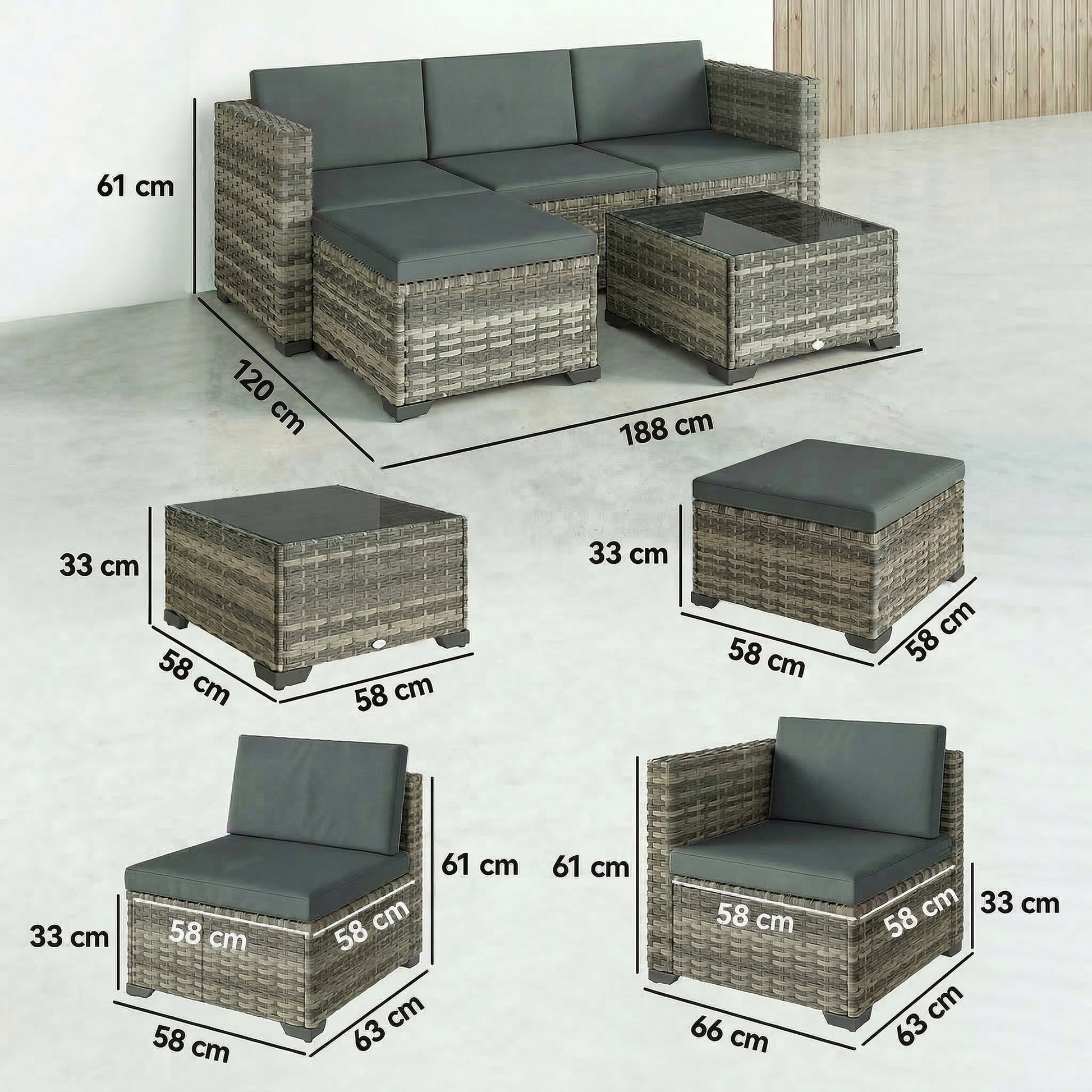 Outsunny Conjunto Muebles Jardín Exterior De Ratán 5 Piezas Cojines Gris Oscuro_2