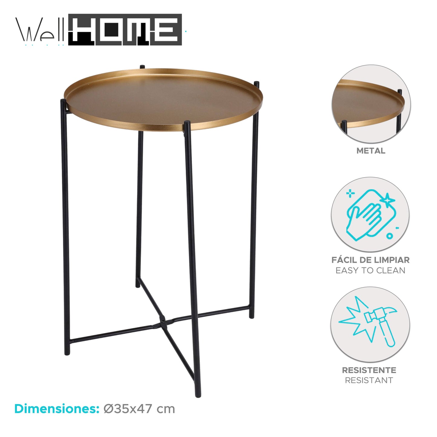 Well Home Mesa Auxiliar Redonda En Metal Color Dorado Ø35x47cm_4