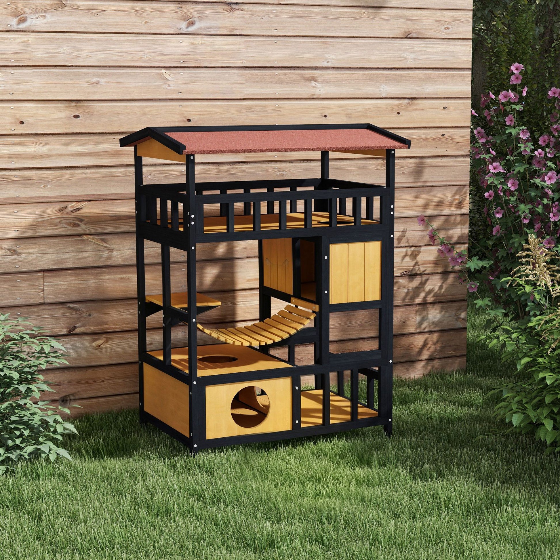Pawhut Caseta Para Gatos De Madera 84x60x116 Cm Con Puente Colgante Natural_1