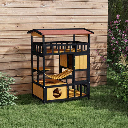 Pawhut Caseta Para Gatos De Madera 84x60x116 Cm Con Puente Colgante Natural_1