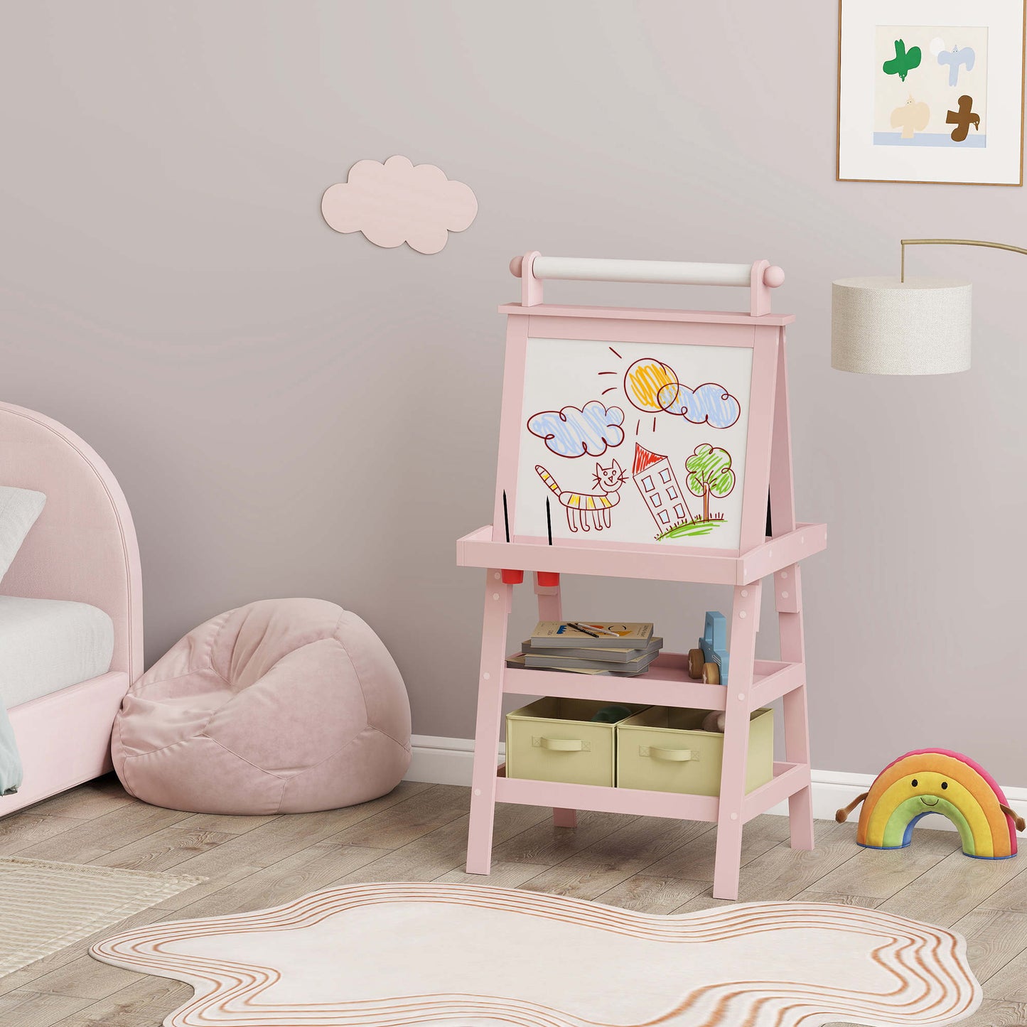 Aiyaplay Pizarra Infantil Caballete 3 En 1 Con Rollo De Papel Y Cestas Rosa_1