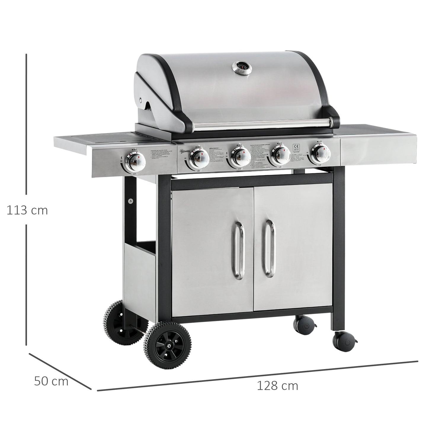 Outsunny Barbacoa De Gas Con 4+1 Quemadores 15,2 Kw Termómetro 2 Mesas Y Armario_2