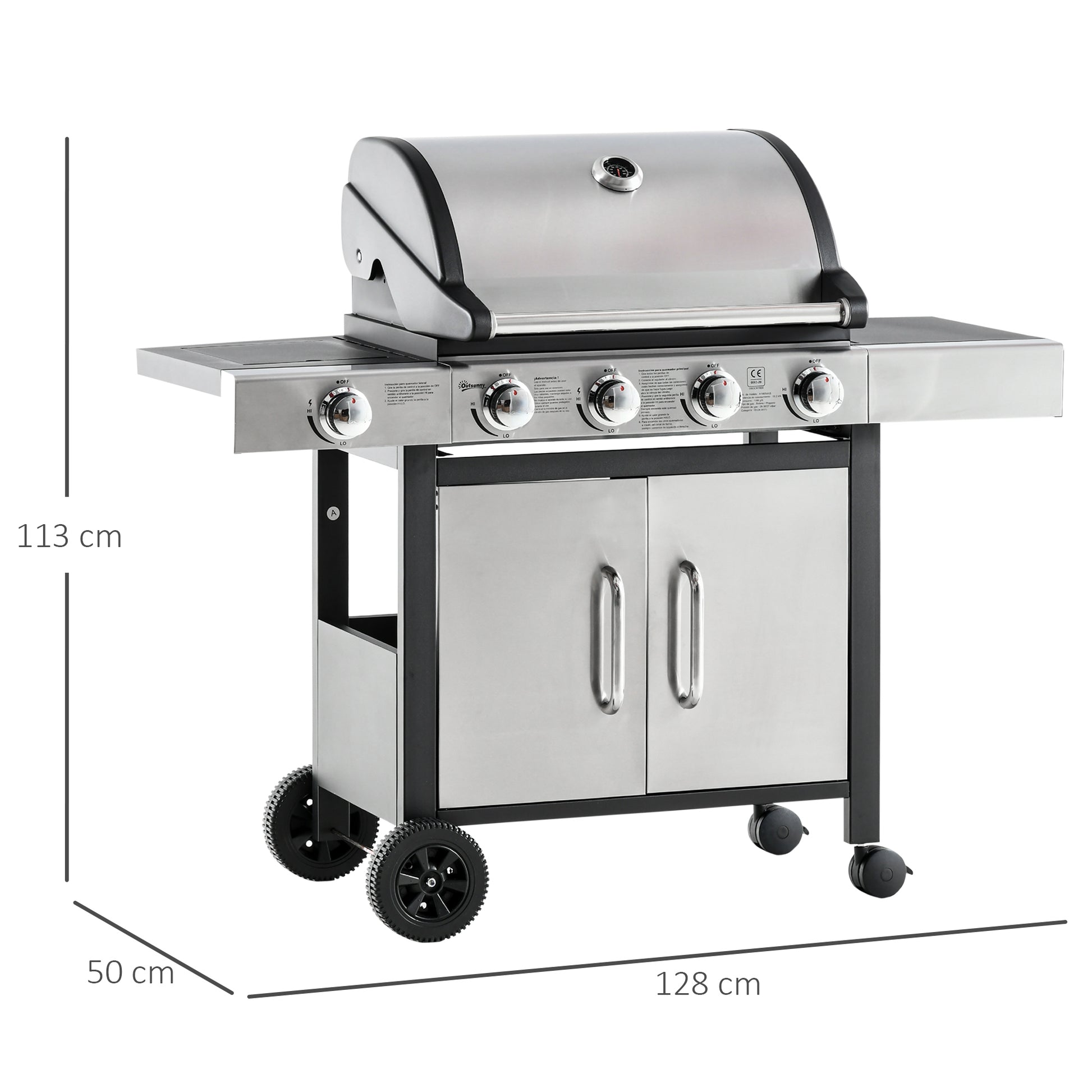 Outsunny Barbacoa De Gas Con 4+1 Quemadores 15,2 Kw Termómetro 2 Mesas Y Armario_2