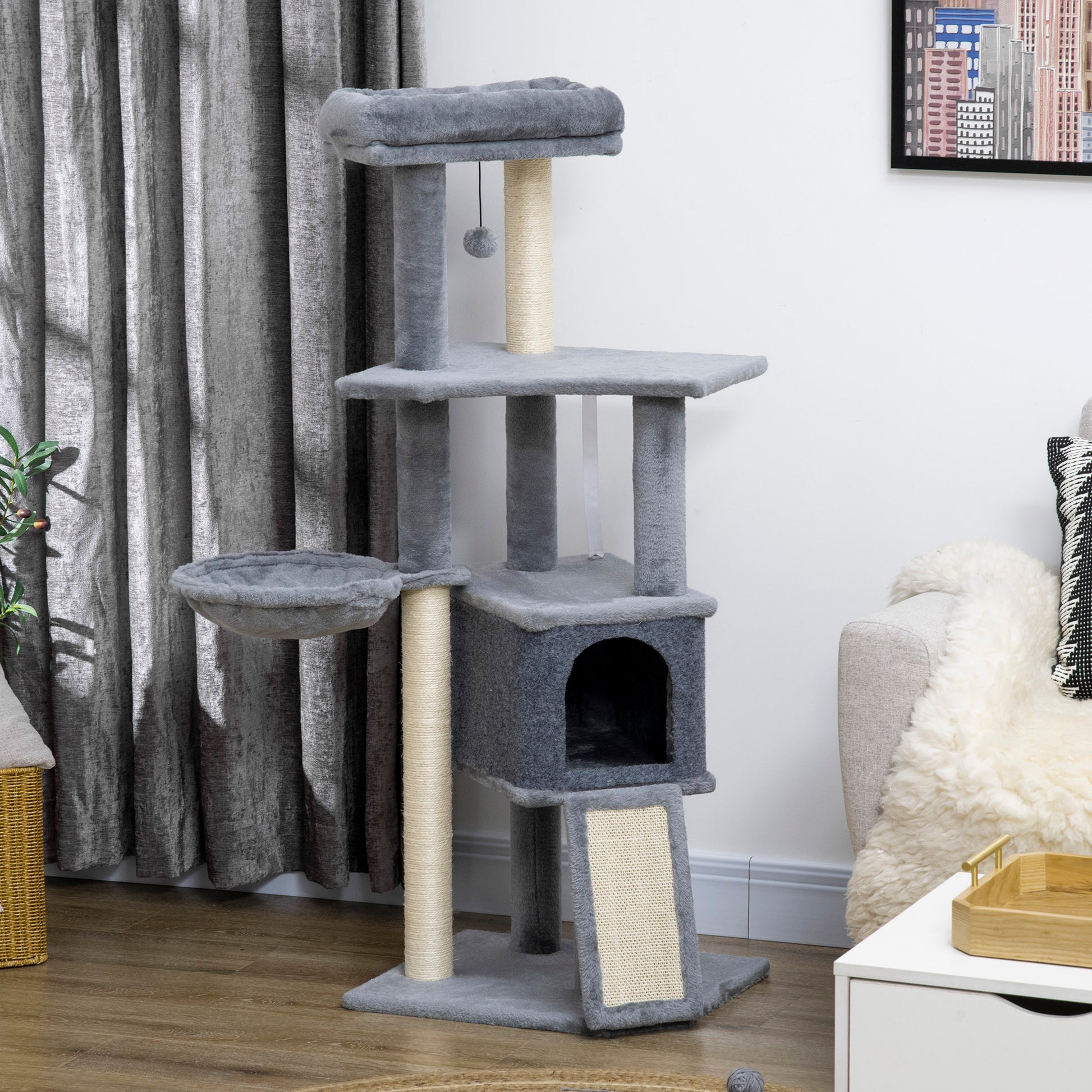 Pawhut Árbol Rascador Para Gatos 127 Cm Con Cueva Hamaca Cama Rampa Gris_1