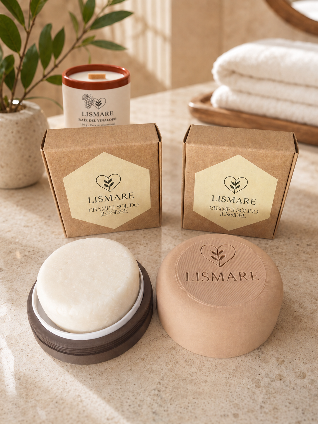 Pack 2 champú sólidos de jengibre 75 g + jabonera Lismare de regalo - Cuero cabelludo seco y débil. Ideal gimnasio._1