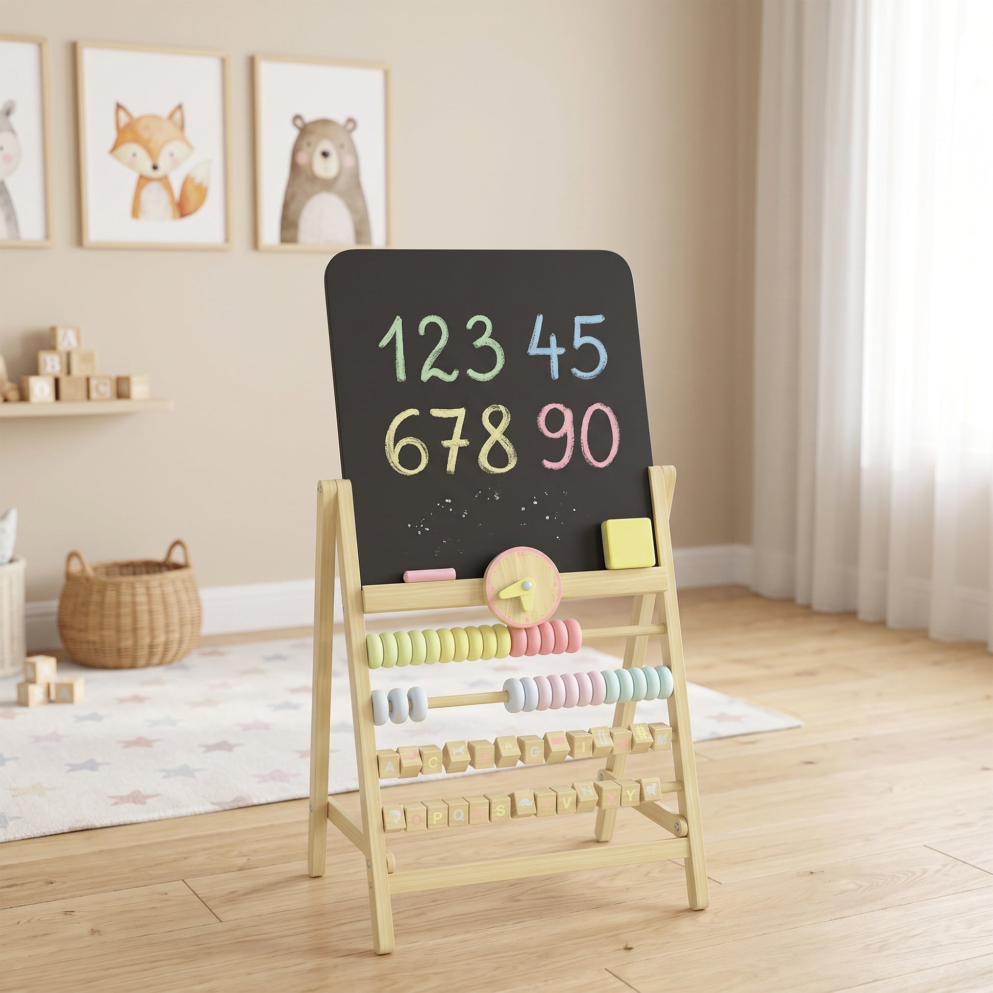 Aiyaplay Pizarra Infantil Caballete Con Reloj Ábaco Y Borrador Madera Natural_3