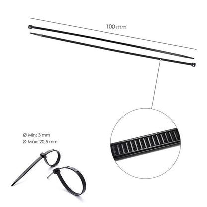 Brida Nylon 100%. Color Negro 2,5 X 100 Mm. Bolsa 100 Unidades. Abrazadera Plastico, Organizador Cables, Alta Resistencia_2