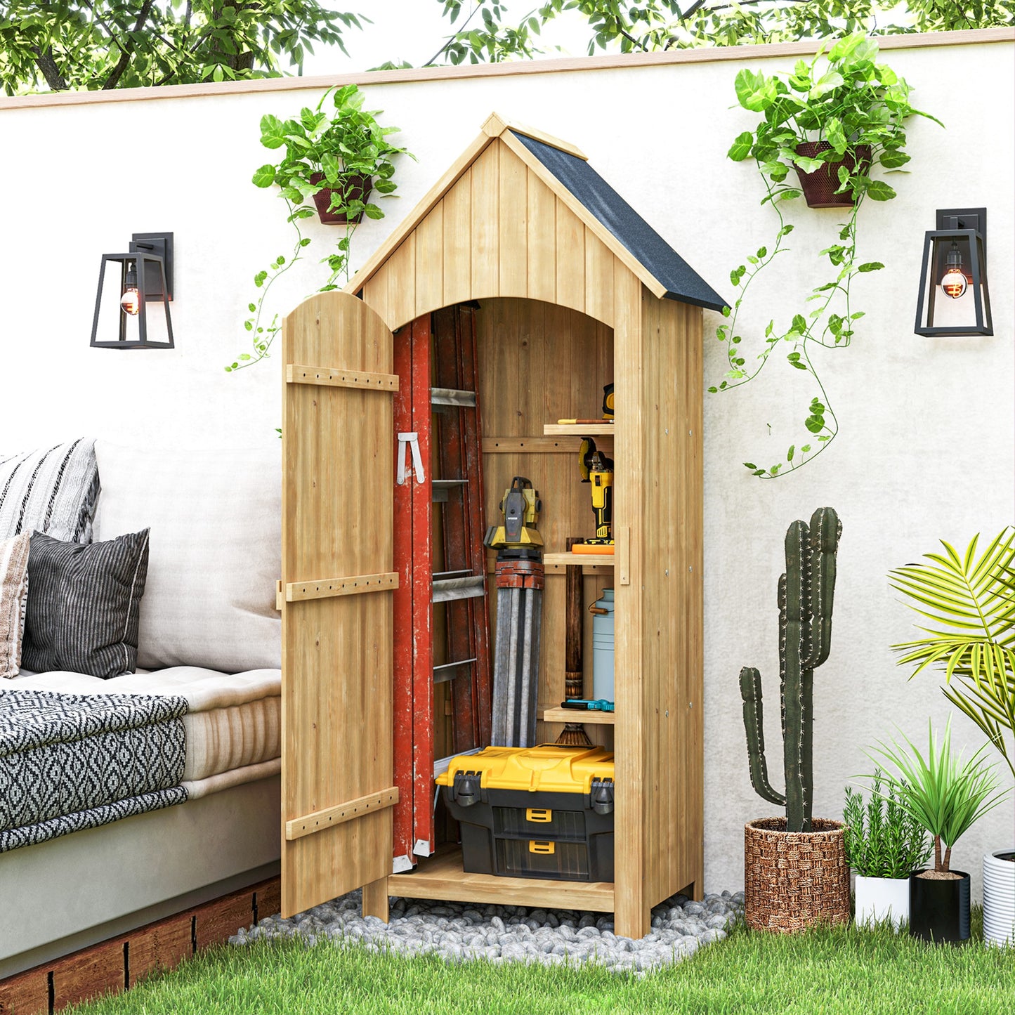 Outsunny Caseta Jardín Exterior De Madera 77,5x54,2x179,5 Cm 0,3 M² Con Estantes_1