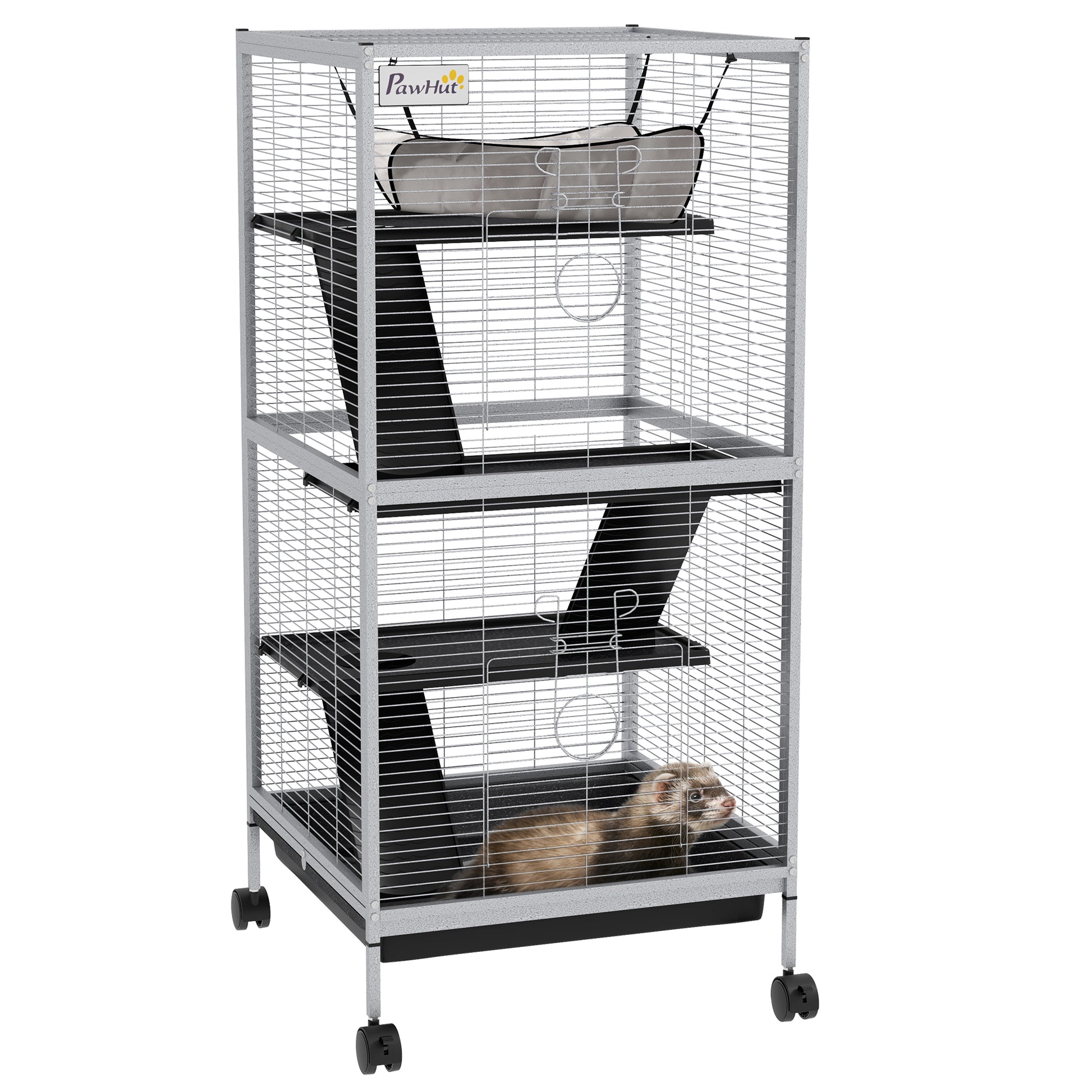 Pawhut Jaula Para Animales Pequeños De 4 Niveles Con Ruedas 52x52x113,5cm Gris_0