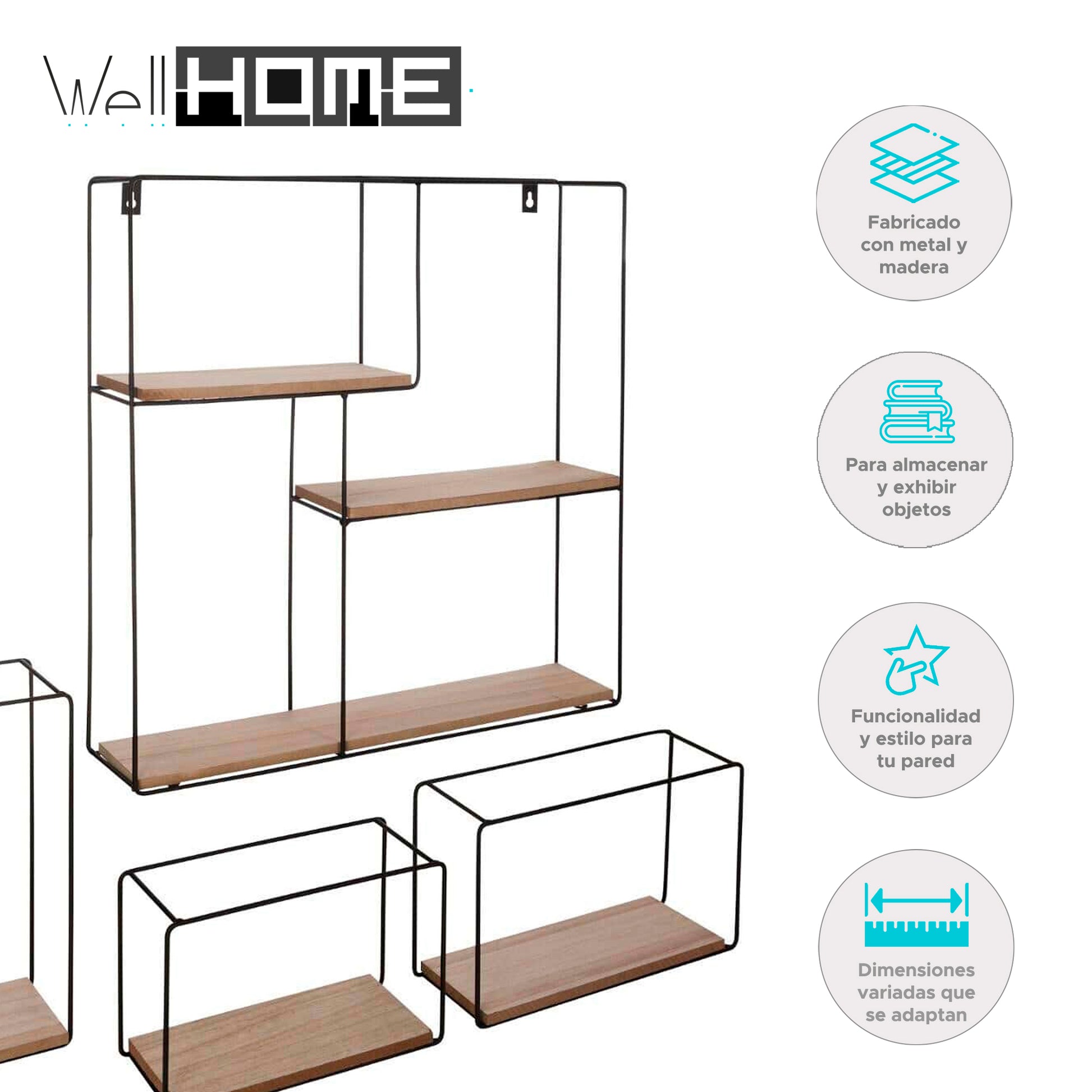 Wellhome Set 4 Estantes Pared Metálicos Cuadrados_1