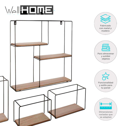 Wellhome Set 4 Estantes Pared Metálicos Cuadrados_1