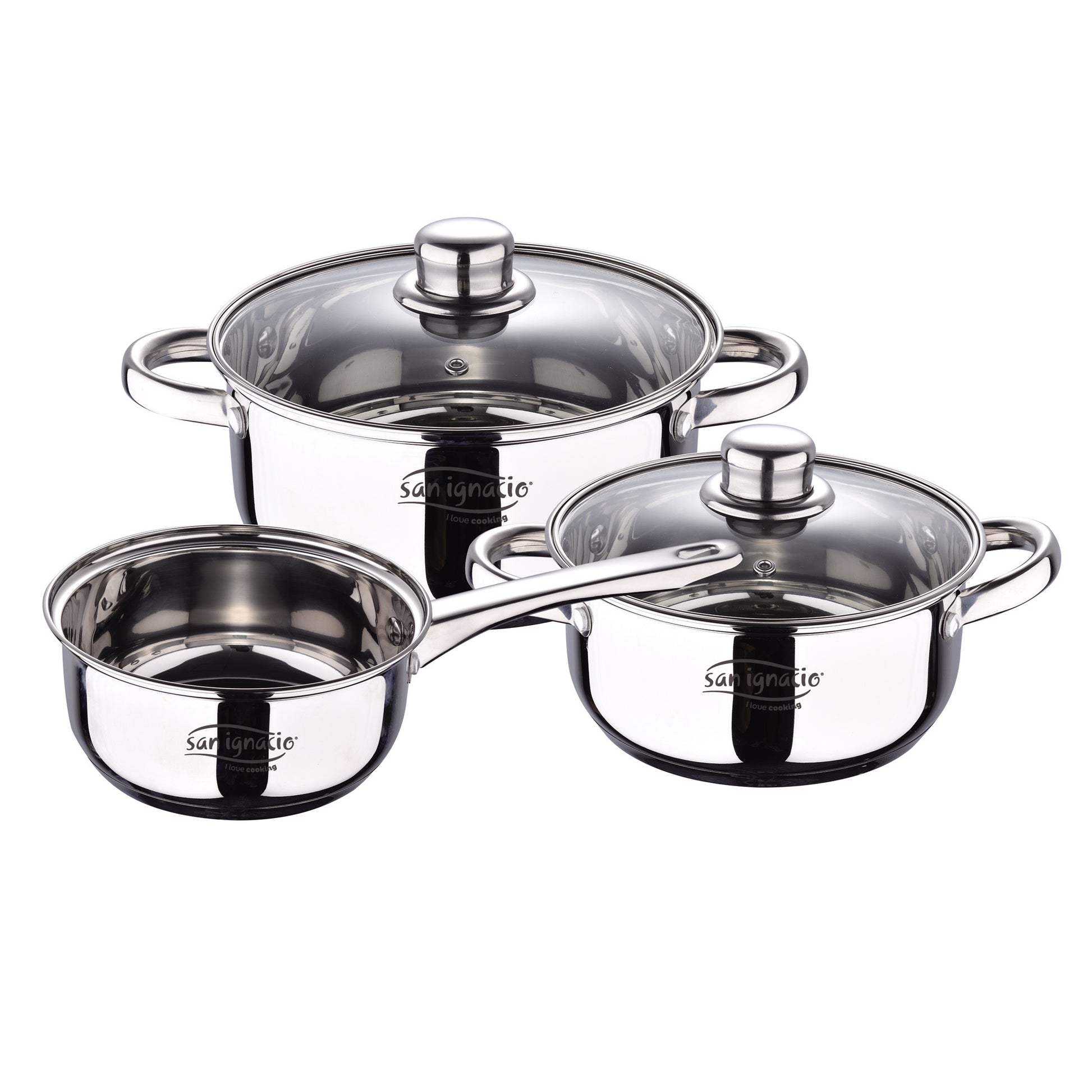 Bateria 5pcs Acero Inoxidable: Cazo Ø16x7,5 Cacerolas De Ø18x8,5 Y Ø20x9,5 Cms., Inducción + Set 3pcs Utensilios De Cocina En Acero Inoxidable