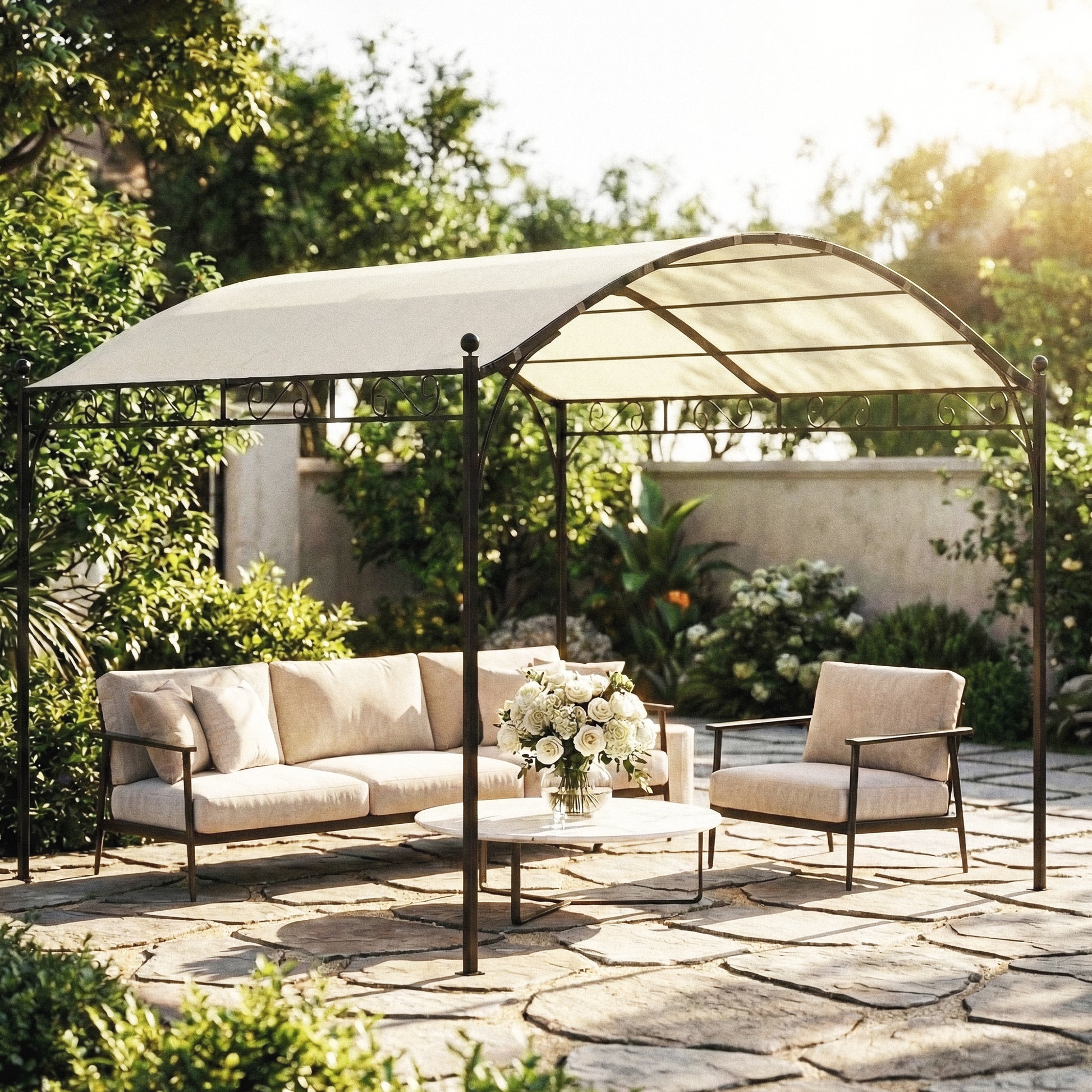 Outsunny Pérgola De Jardín 3x3 M Con Techo Arqueado Y Dosel Uv30+ Blanco Crema_4