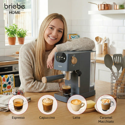Briebe Nordic Cafetera Espresso 20 Bares Compatible Cápsulas Nespresso Y Café Molido Espumador Leche, Ec1180gry, Gris_1