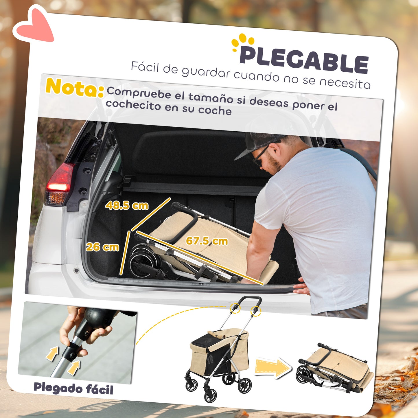 Pawhut Cochecito Para Perros Plegable Con Cojín Lavable 80x48,5x106 Cm Caqui_5