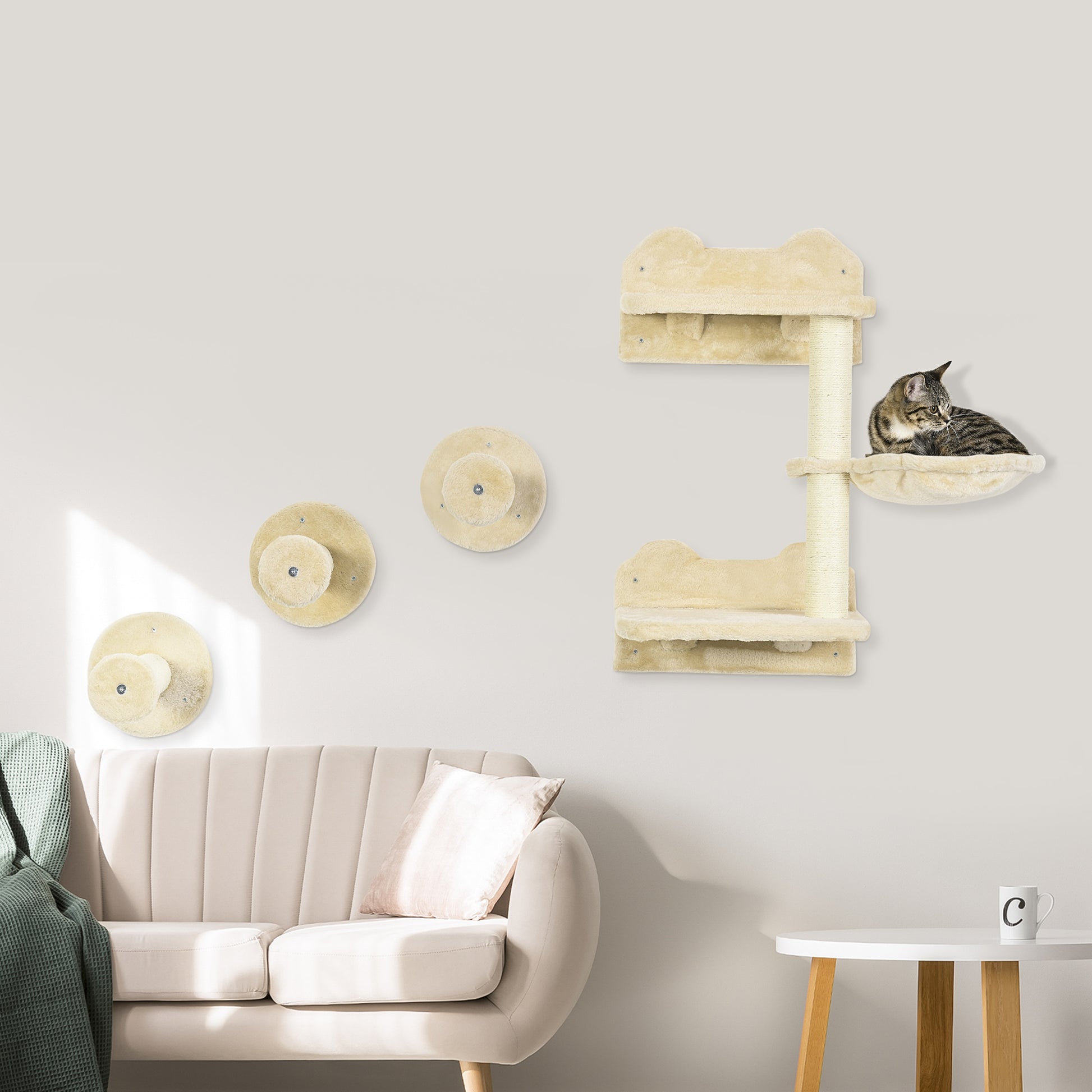 Pawhut Juego De Estanterías Para Gatos De Pared De 4 Piezas Beige_1