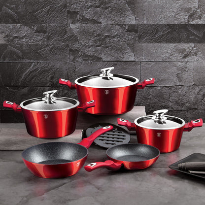 Batería Cocina Inducción 10 Piezas, Antiadherente Mármol Sin Pfoa, Aluminio, Cazuelas Sartenes Berlinger Haus Burgundy Rojo