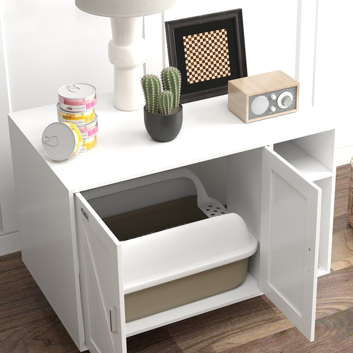 Pawhut Mueble Arenero Para Gatos Con Almohadilla Para Rascar 80x50x61 Cm Blanco_3