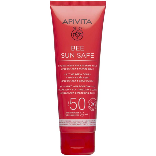 Esenciales de playa hydra fresh leche SPF50 Apivita + gel-crema aftersun