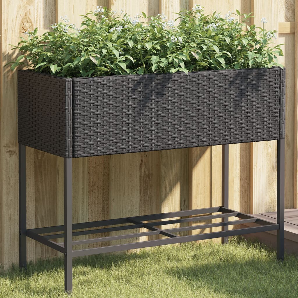 Jardinera Con Estante Ratán Sintético Negro_1