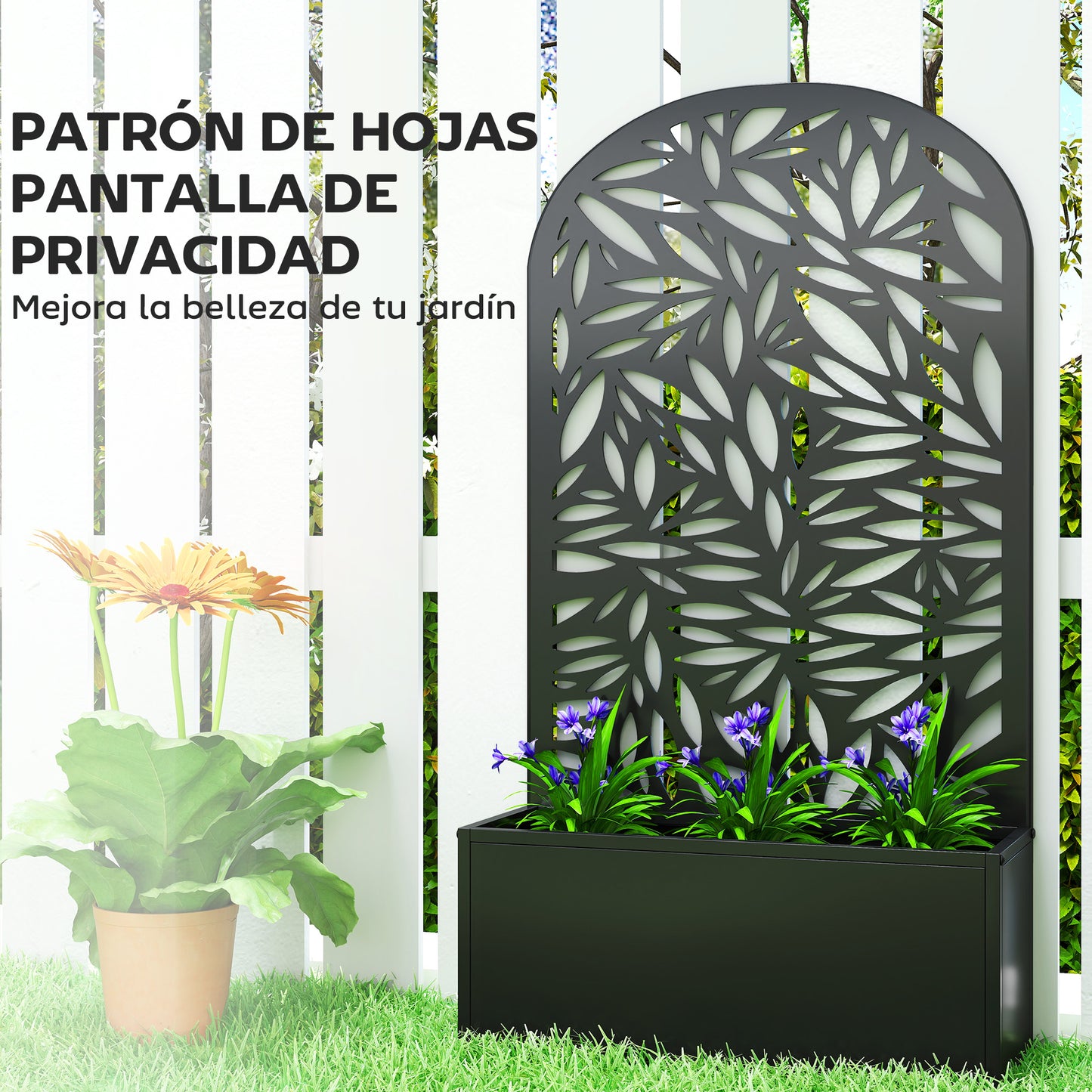 Outsunny Jardinera Exterior Grande De Metal Con Pantalla De Privacidad Negro_5