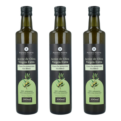 Pack 3x Aceite de oliva virgen extra de cosecha temprana verde sin filtrar Planeta Huerto 500 ml
