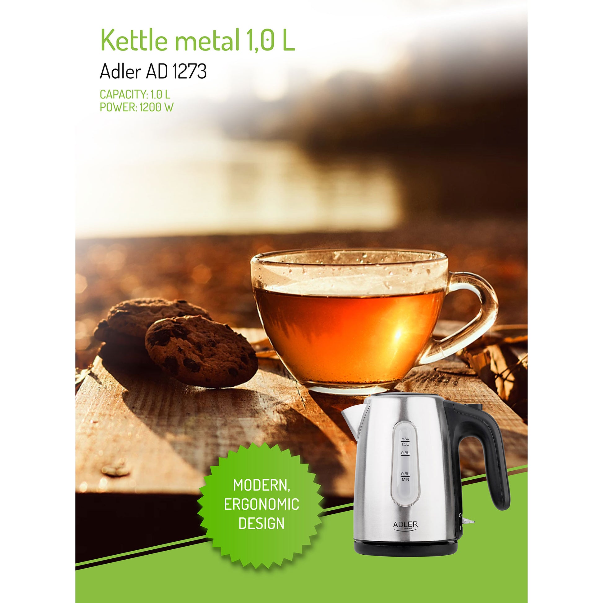 Hervidor Agua Eléctrico 1 Litro Acero Inoxidable, Sin Bpa, Inalámbrico, Apagado Automático Adler Ad1273, 1200w