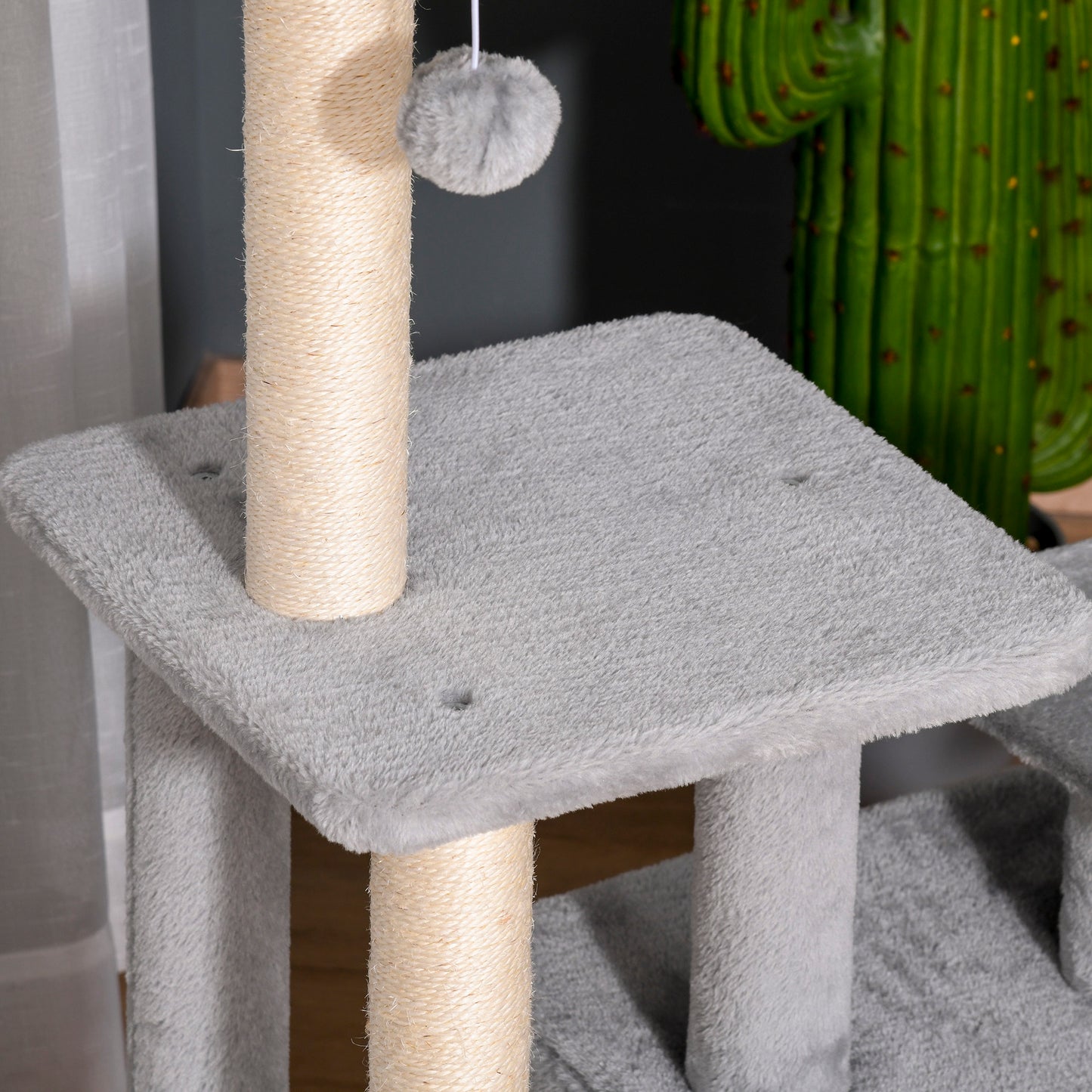 Pawhut Árbol Para Gatos Con Postes De Sisal Plataformas Y Casita Gris Claro_3