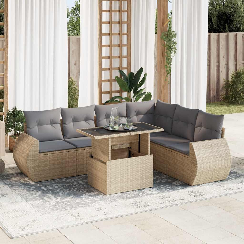 Set Sofás De Jardín 7 Piezas Y Cojines Ratán Sintético Beige / Vetonek_4