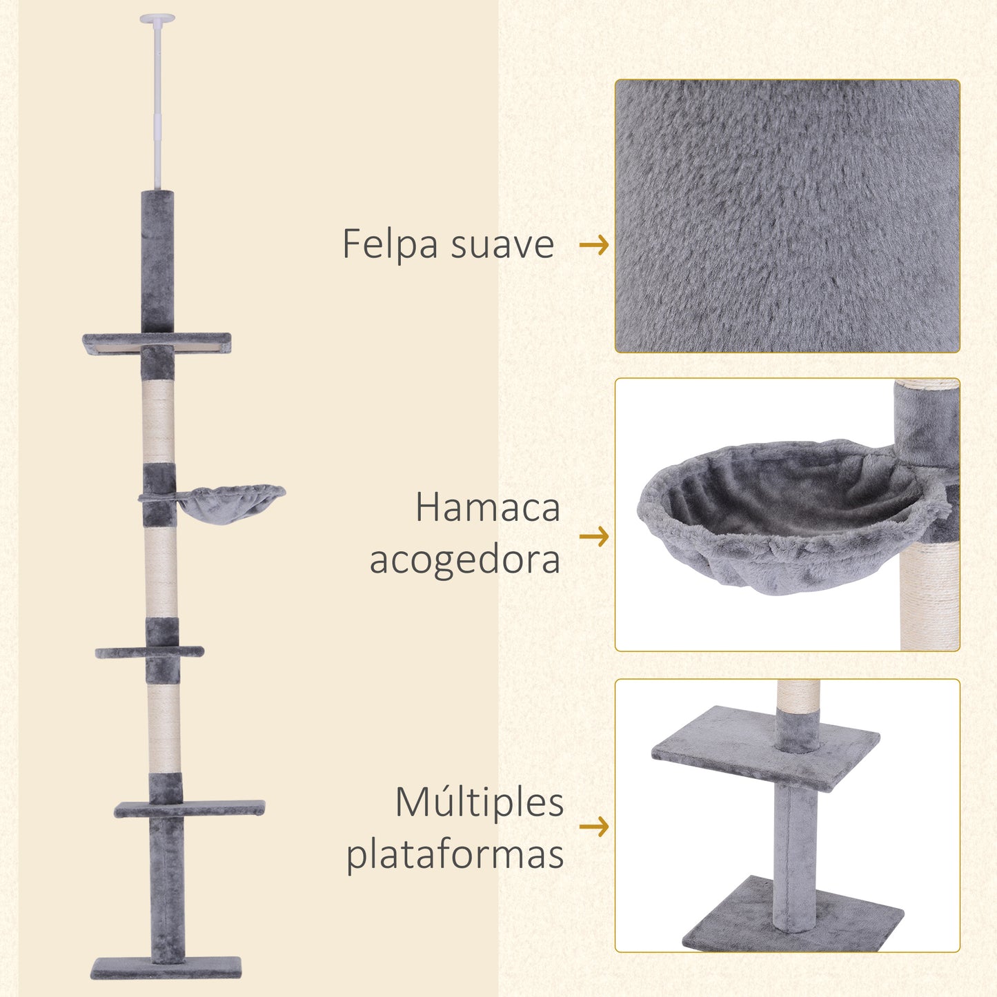 Pawhut Árbol Para Gatos De Suelo Al Techo De 230-260 Cm Con Plataformas Gris_5