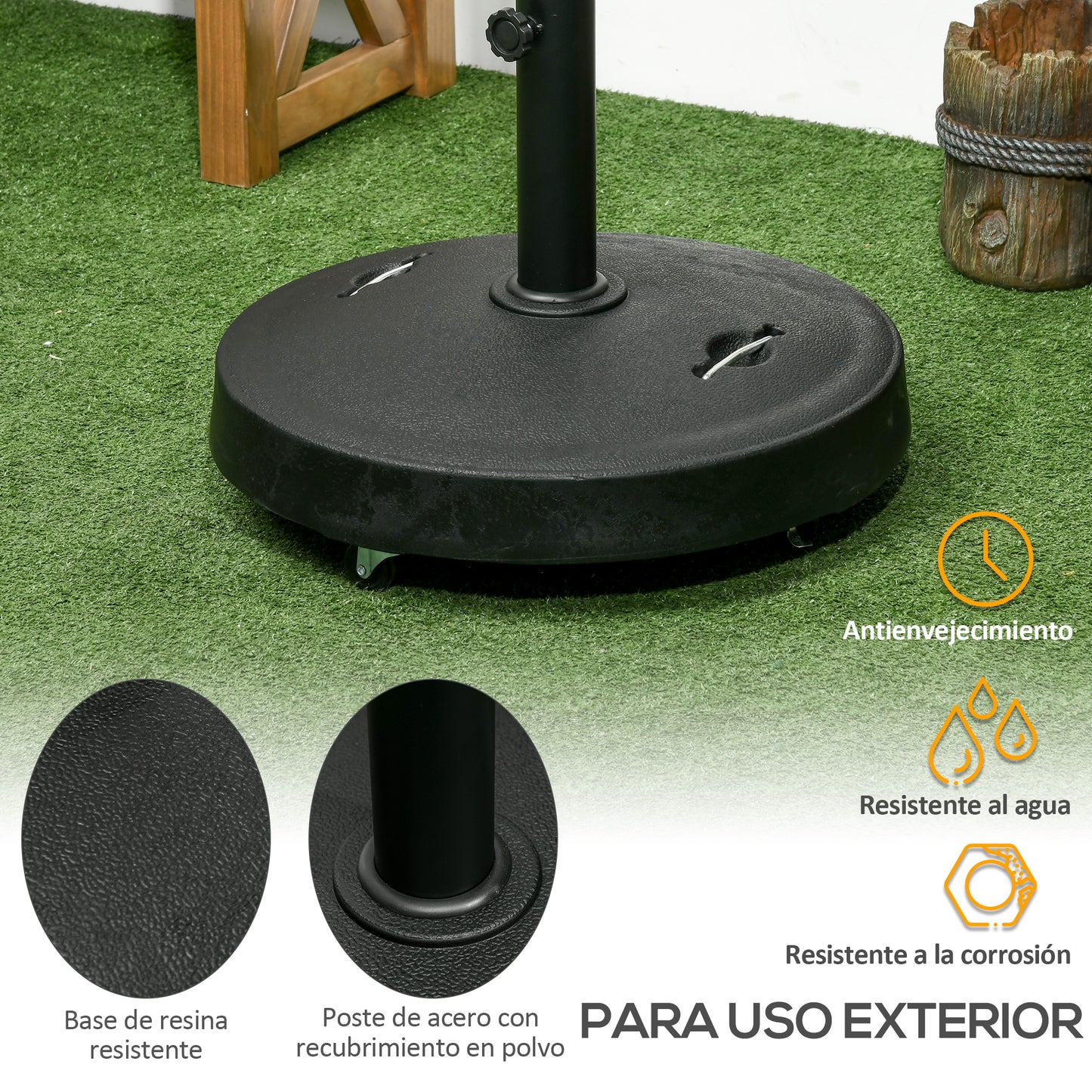 Outsunny Base De Sombrilla De Resina 25 Kg Con Ruedas Y Asa Retráctil Ø53x41cm_5