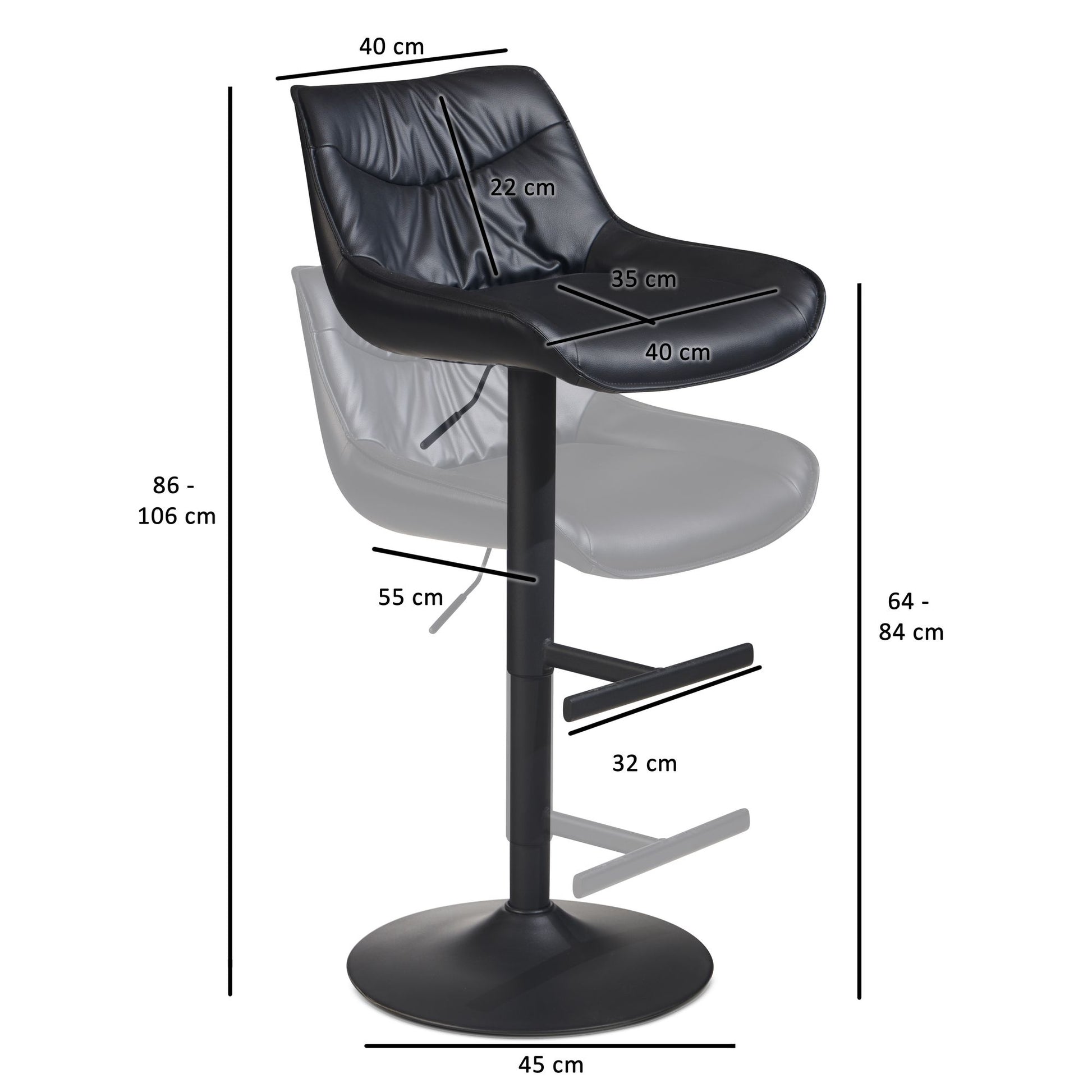 Taburete De Bar, Piel Sintética Negra Con Respaldo 86 - 106 Cm_3