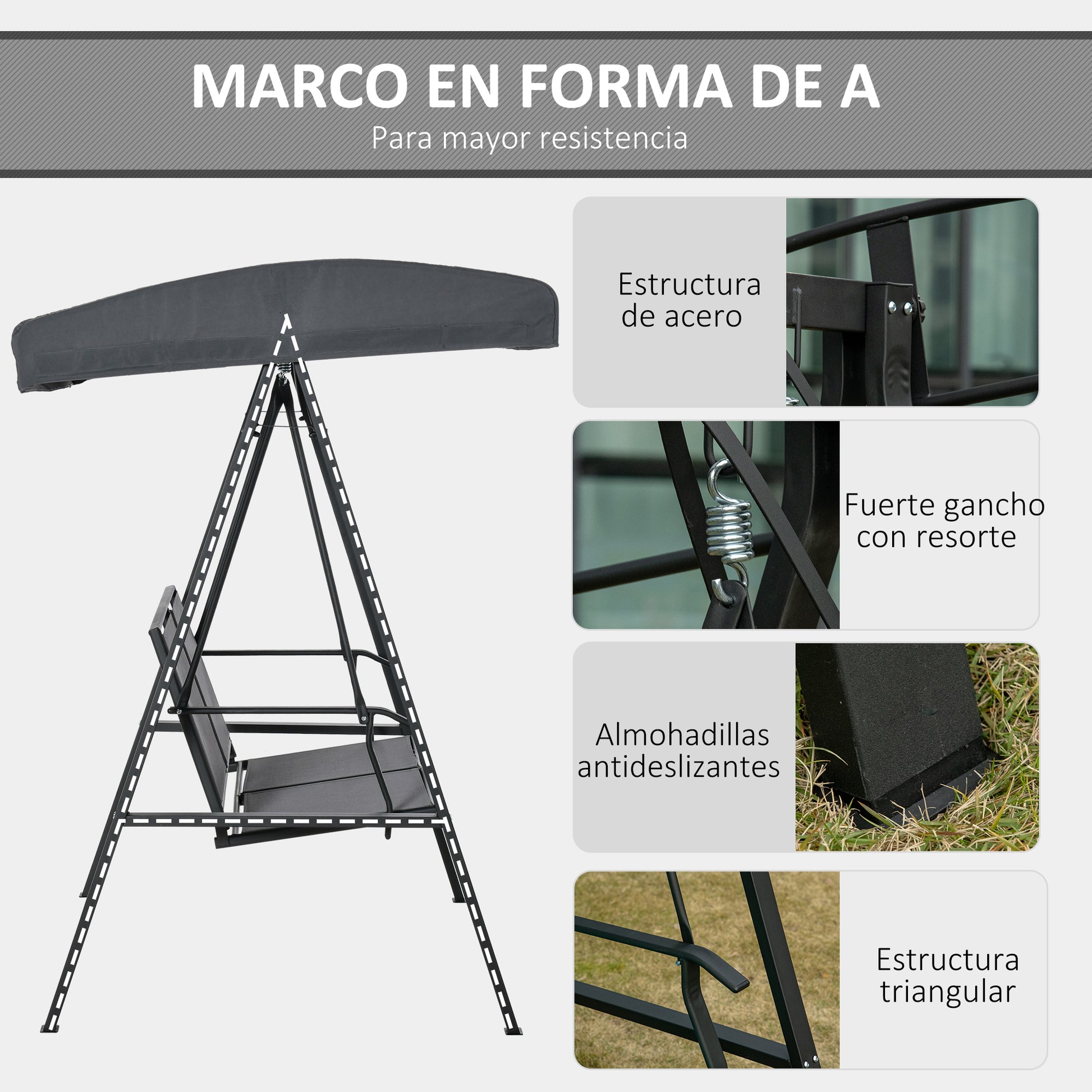 Outsunny Columpio Balancín De Jardín De 2 Plazas Con Techo Ajustable Acero Gris_5