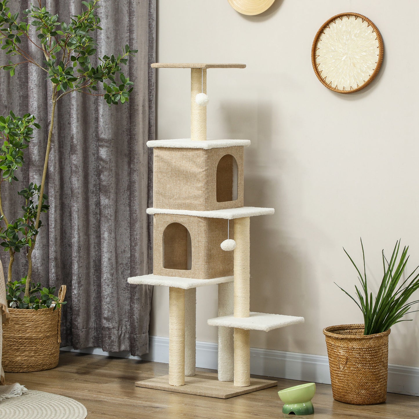 Pawhut Árbol Rascador Para Gatos Altura 140 Cm Con 2 Nidos Marrón Claro_1