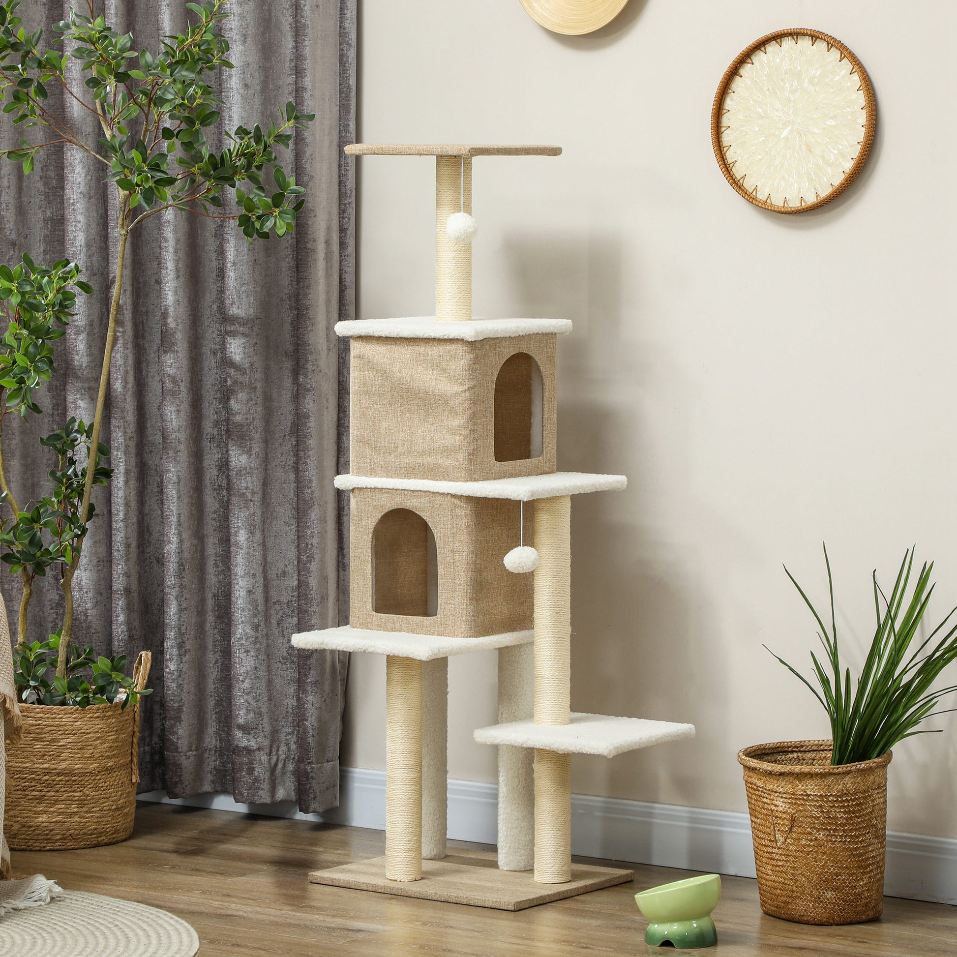 Pawhut Árbol Rascador Para Gatos Altura 140 Cm Con 2 Nidos Marrón Claro_1