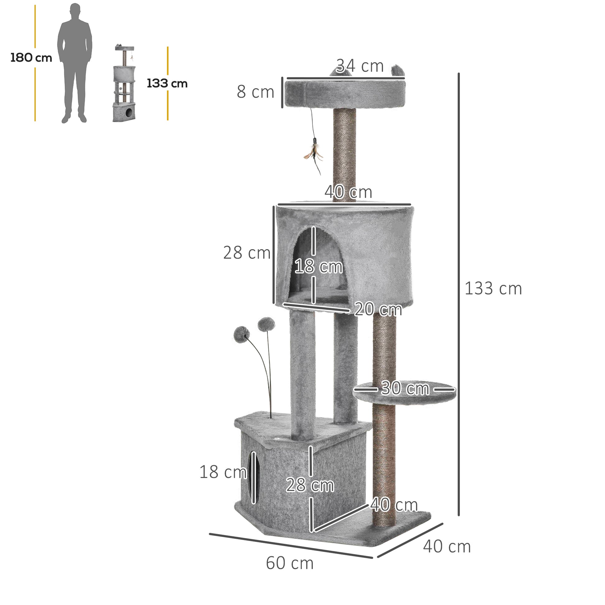 Pawhut Árbol Rascador Para Gatos 60x40x133cm Con Nido Cueva De Fieltro Extraíble_2