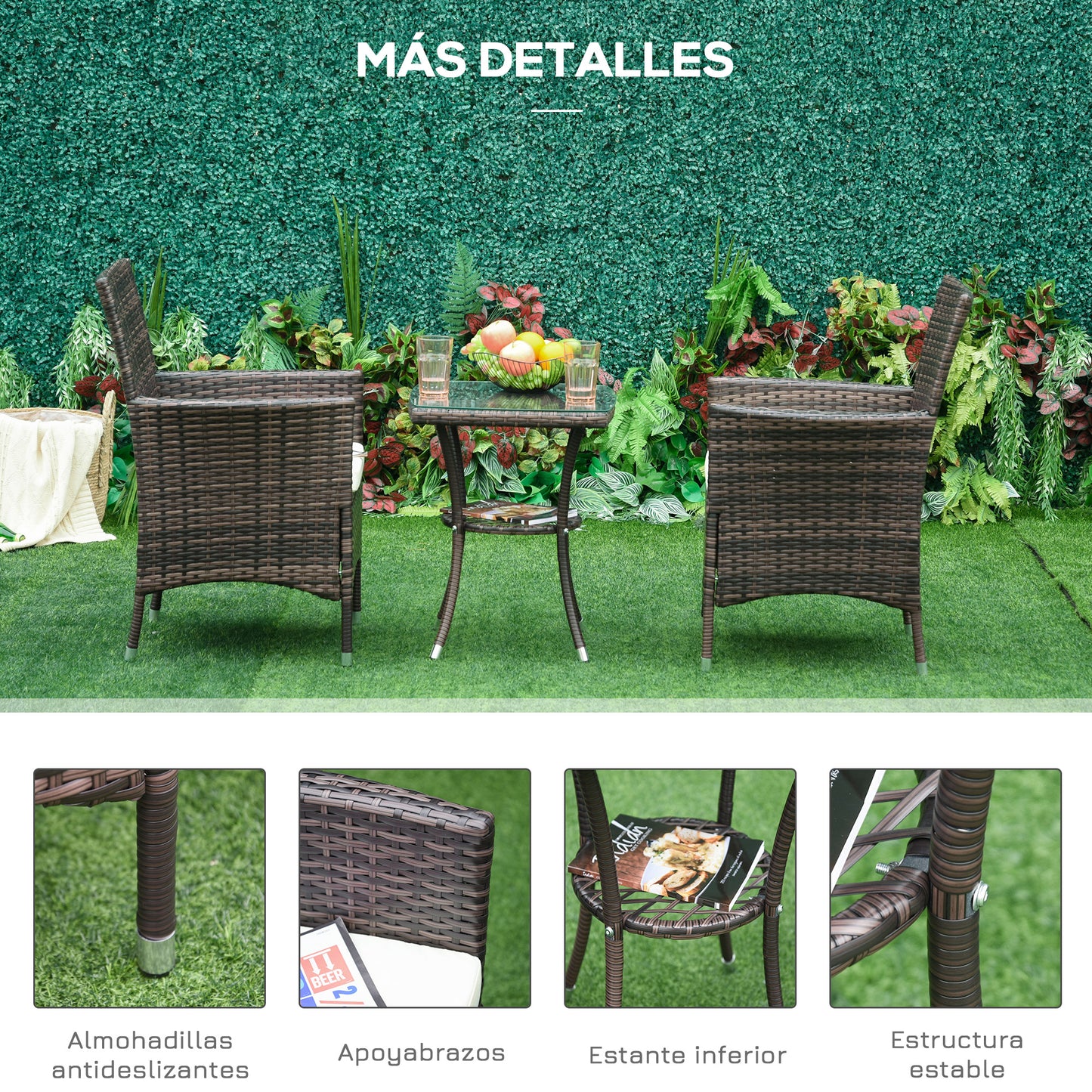 Outsunny Conjunto De Ratán 1 Mesa 2 Sillas Para Jardín Exterior Patio Terraza_5