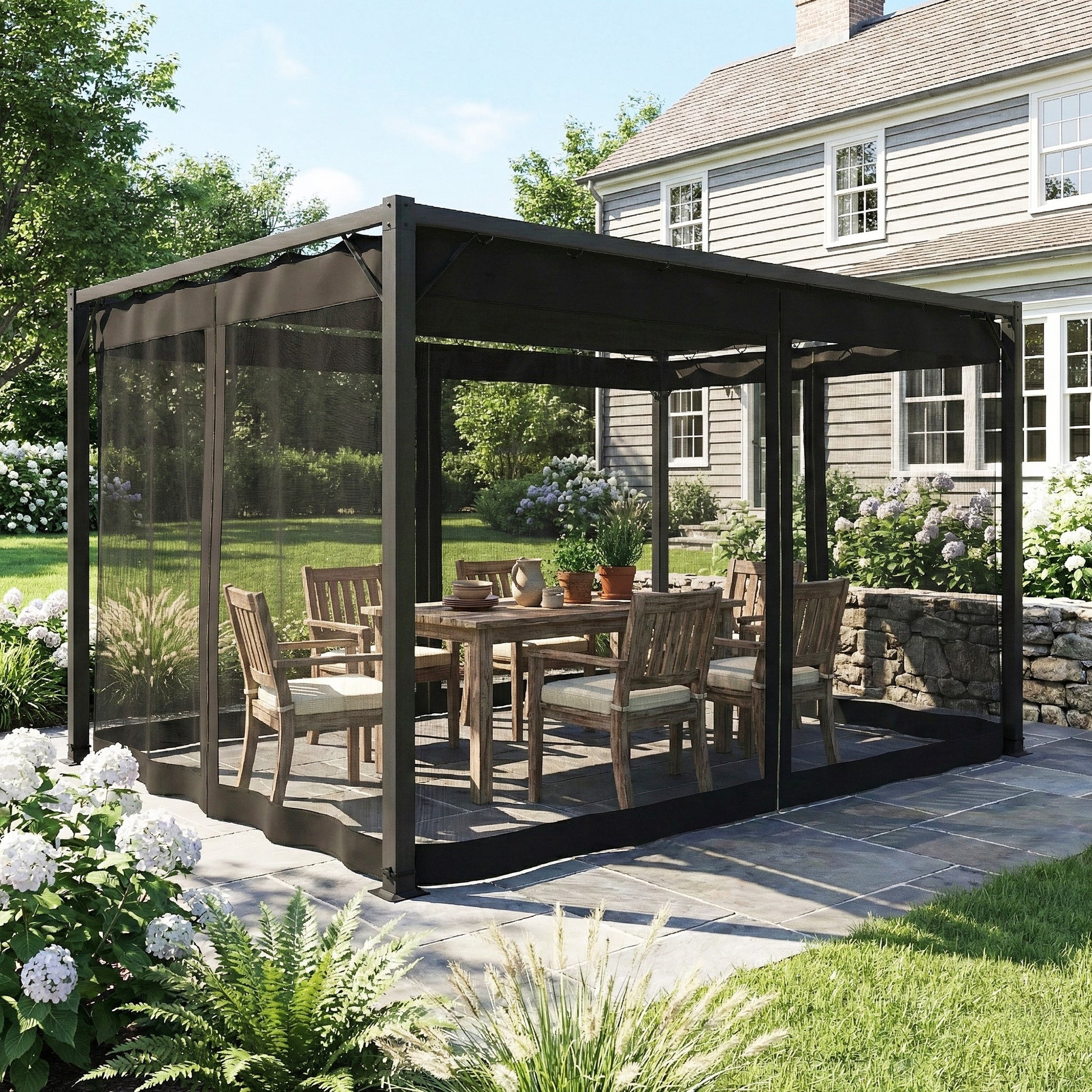 Outsunny Pérgola De Jardín 3x4 M Con Techo Retráctil Y 4 Laterales De Malla Gris_3
