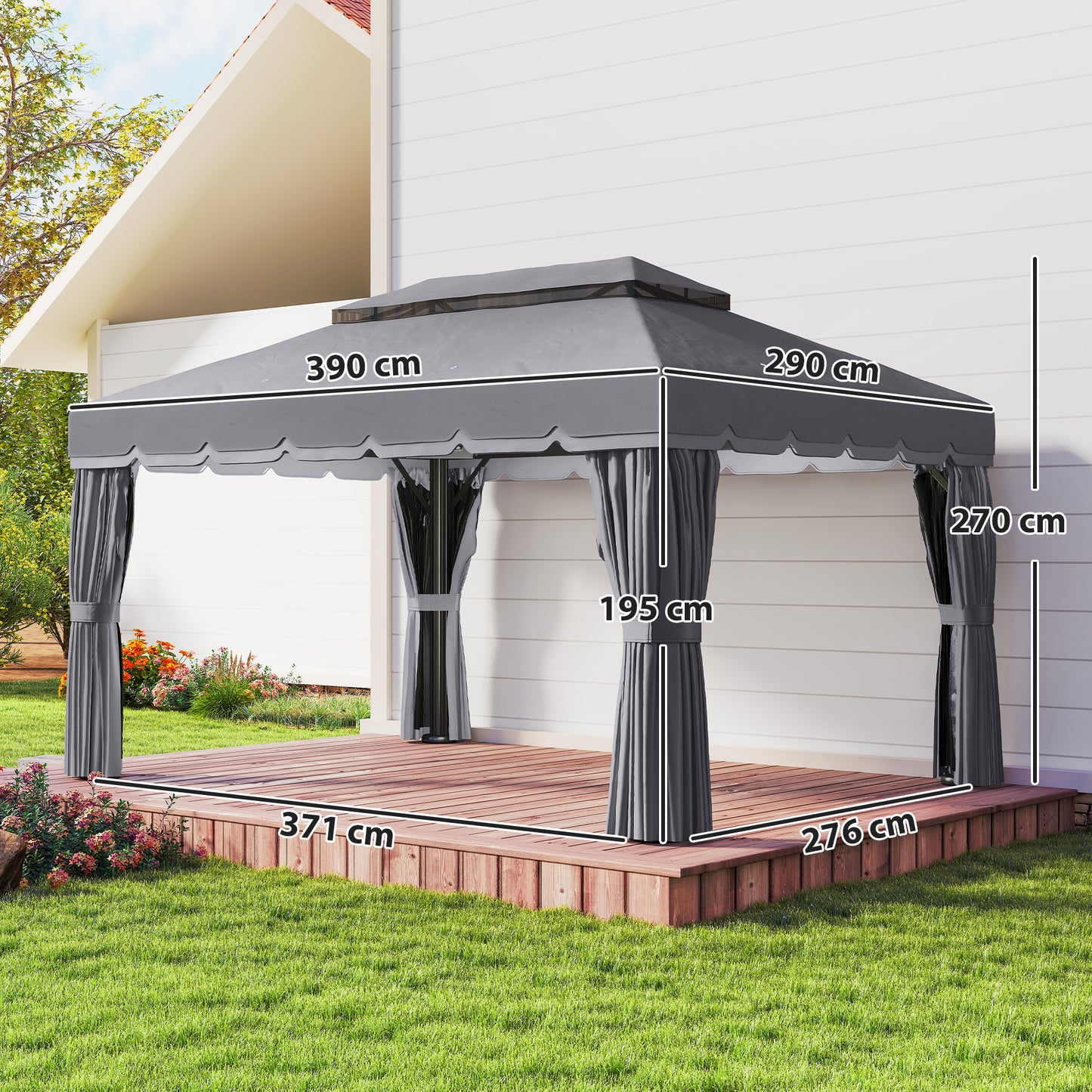 Outsunny Cenador De Jardín 4x3 M Con Doble Techo 4 Cortinas Y Mosquitera Gris_2