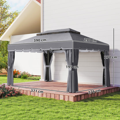 Outsunny Cenador De Jardín 4x3 M Con Doble Techo 4 Cortinas Y Mosquitera Gris_2
