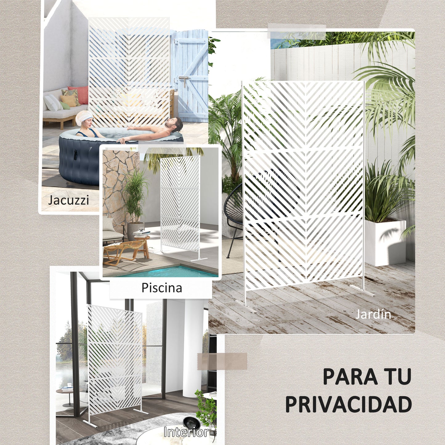 Outsunny Biombo Exterior Con Patrón De Triángulo Invertido 122x45x198 Cm Blanco_5