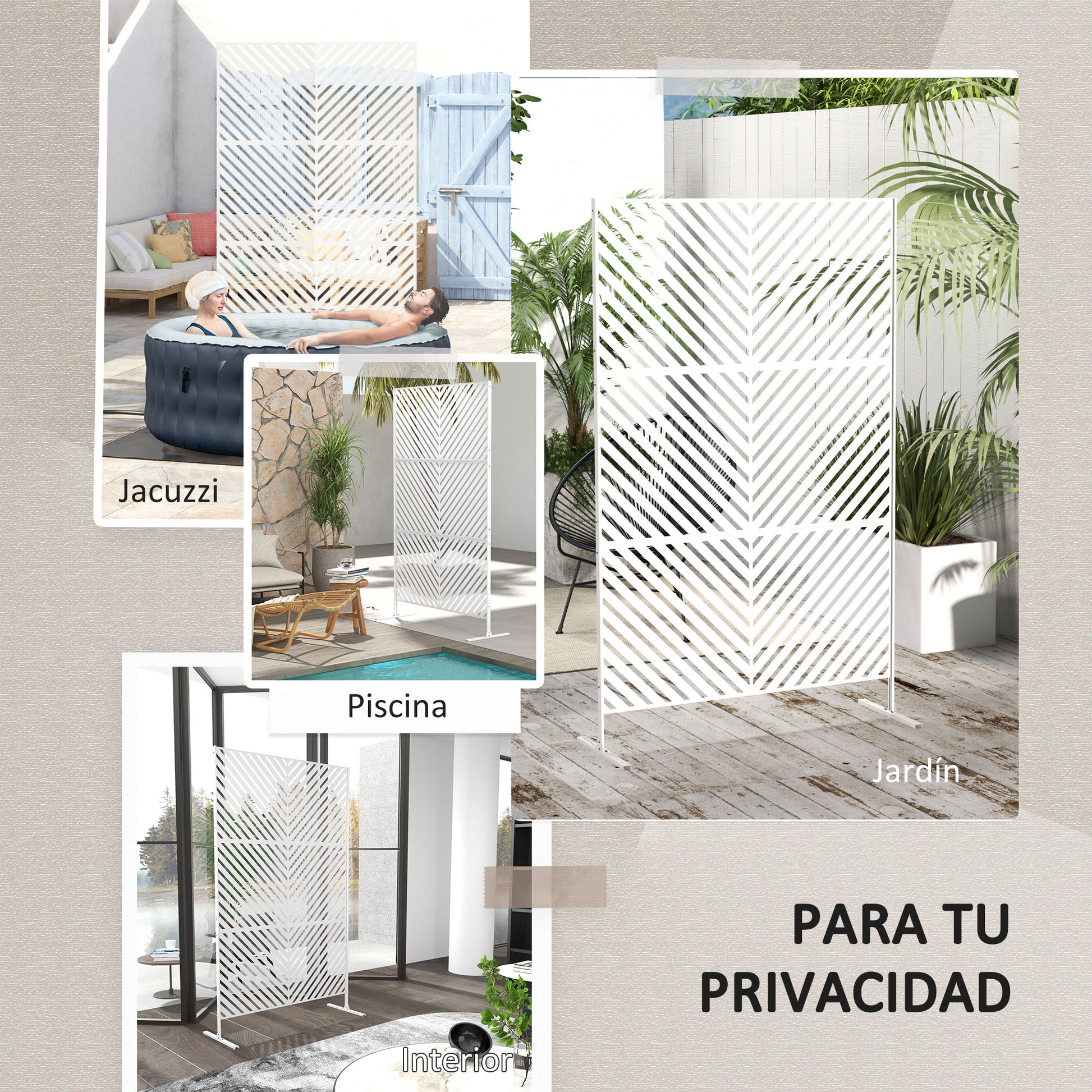 Outsunny Biombo Exterior Con Patrón De Triángulo Invertido 122x45x198 Cm Blanco_5