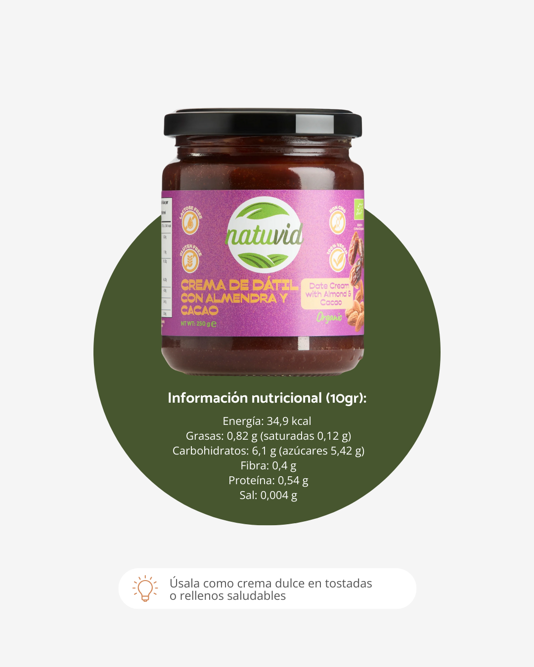 Crema de Dátil con Almendra y Cacao BIO Natuvid | 250gr | Vegana, Sin Gluten y Sin Lactosa | NON-GMO_3
