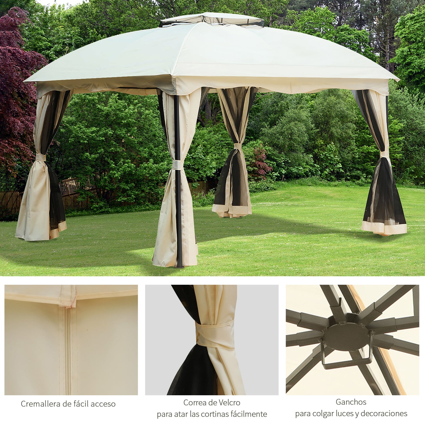 Outsunny Cenador Con Techo Gazebo Exterior 3x3.65x2.75m Con Pared Lateral_5